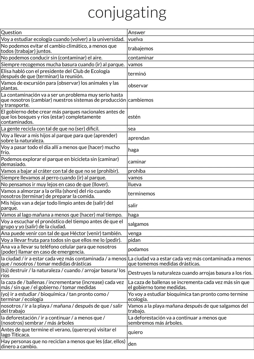 Spanish Verb Conjugation Practice in Environmental Contexts - Page 1