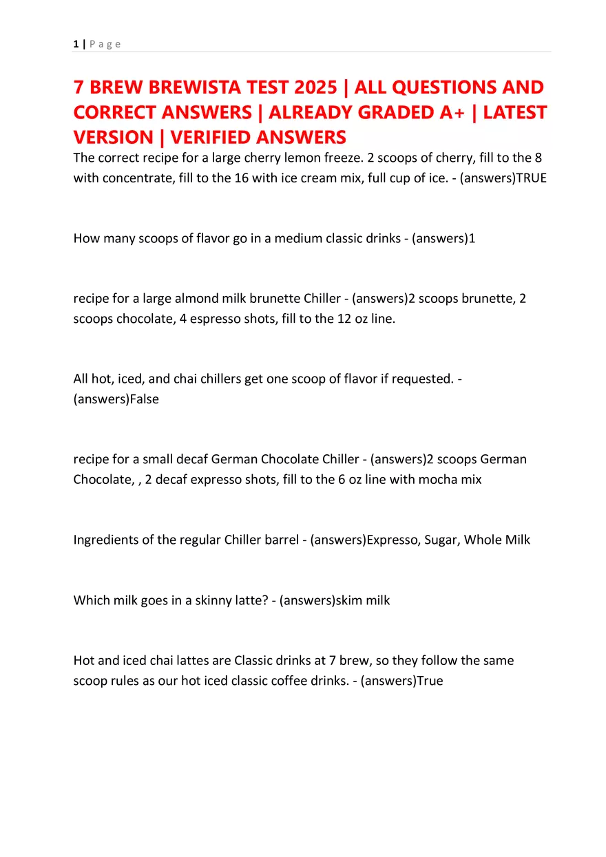 7 Brew Brewista Test 2025 All Questions and Correct Answers - Page 2