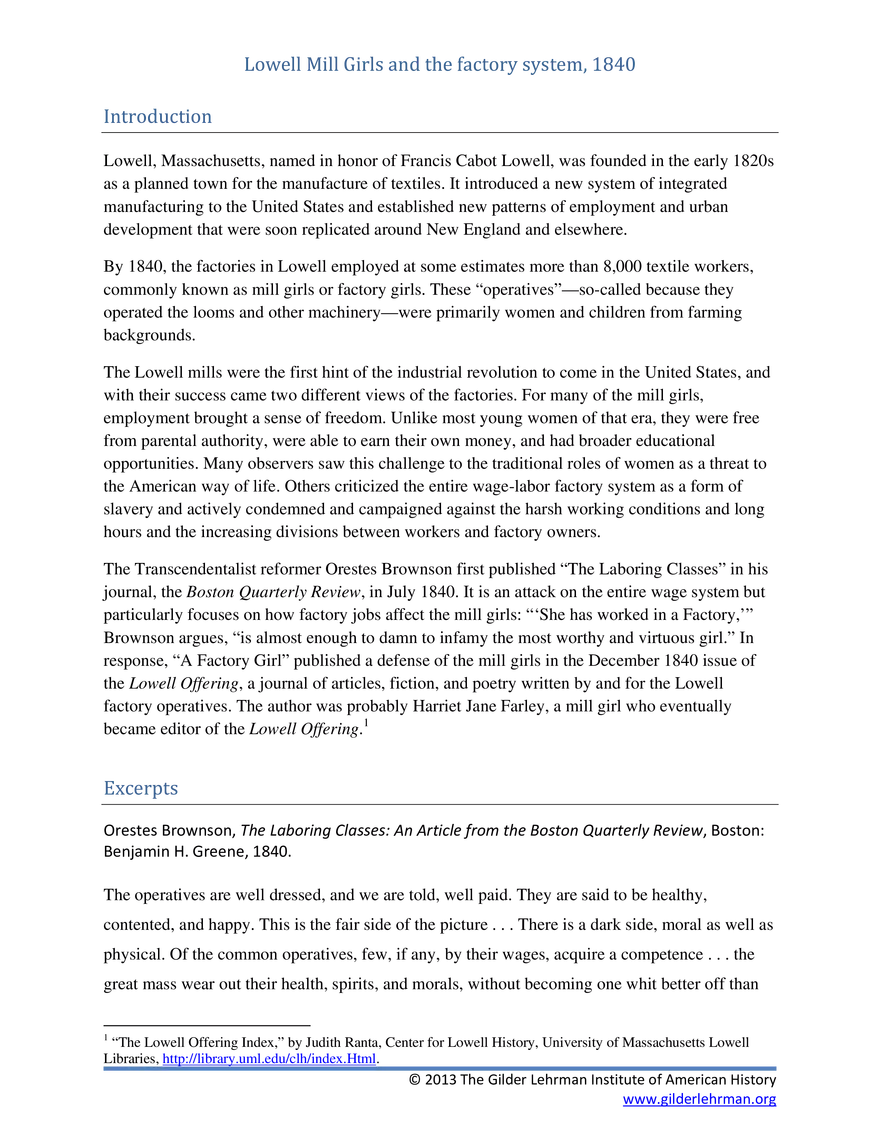 Lowell Mill Girls And The Factory System - Page 1