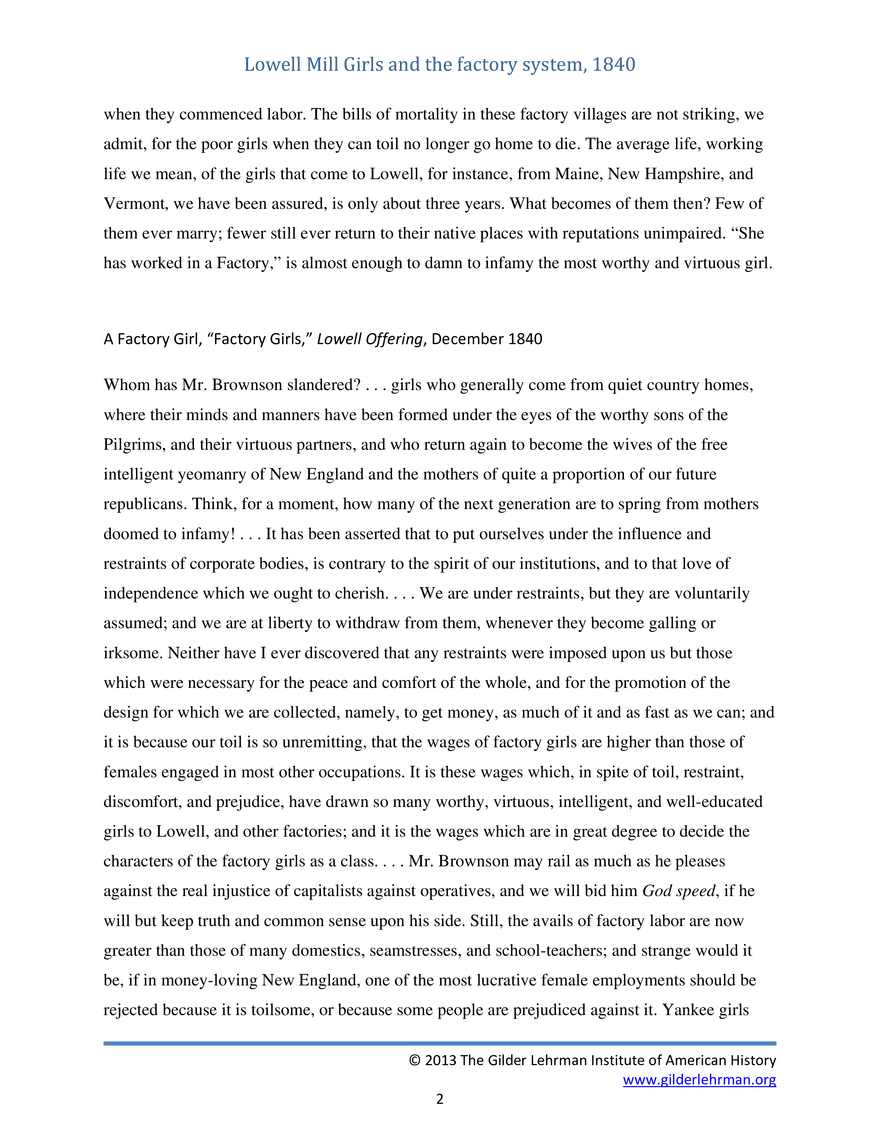 Lowell Mill Girls And The Factory System - Page 2