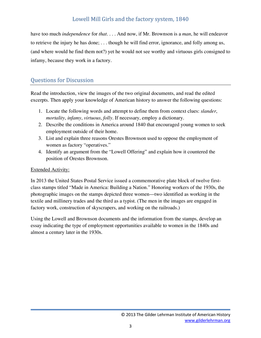 Lowell Mill Girls And The Factory System - Page 3