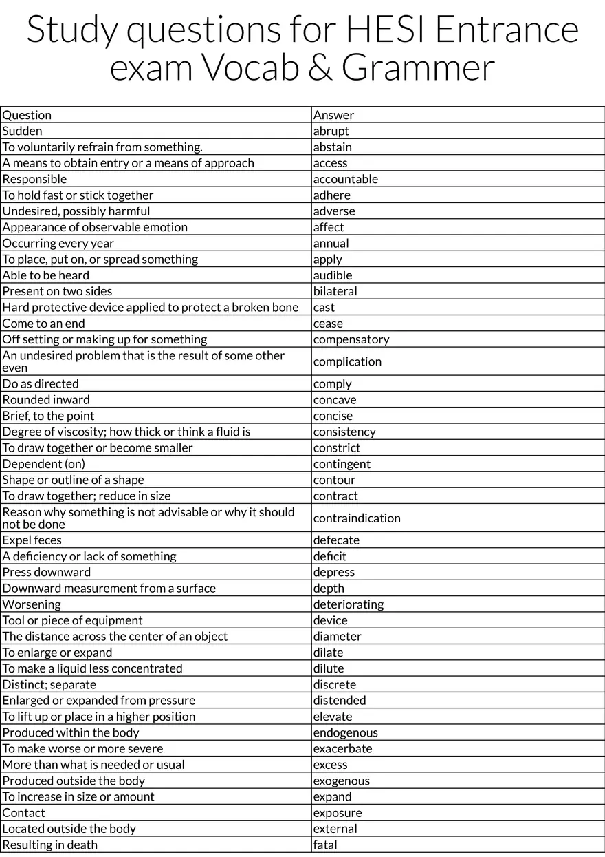 HESI Entrance Exam Vocabulary and Grammar Study - Page 1
