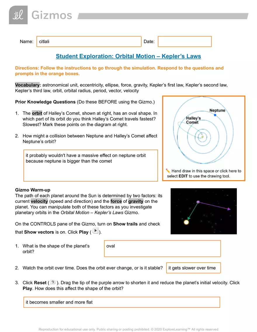 Student Exploration: Orbital Motion – Kepler’s Laws - Page 1