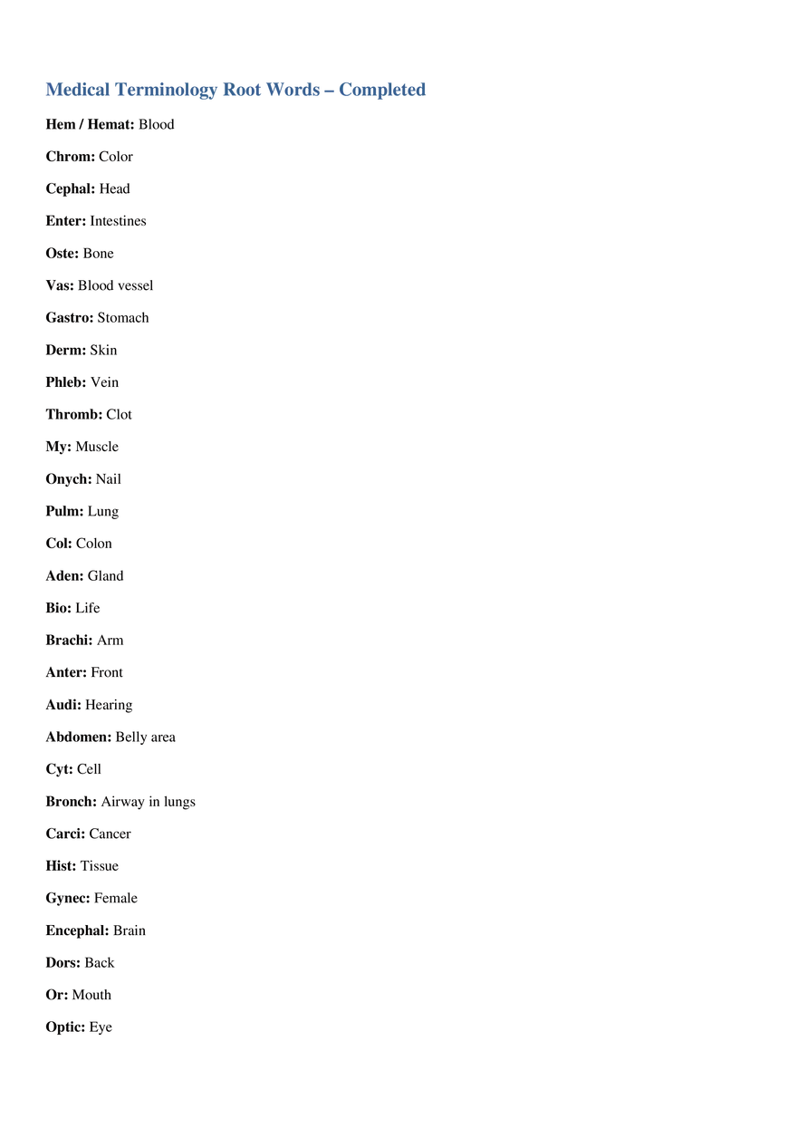 Medical Terminology Root Words Completed - Page 1