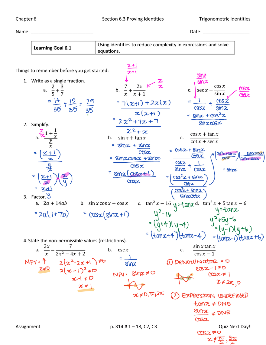 Section 6.1 Reciprocal, Quotient and Pythagorean Identities - Page 9