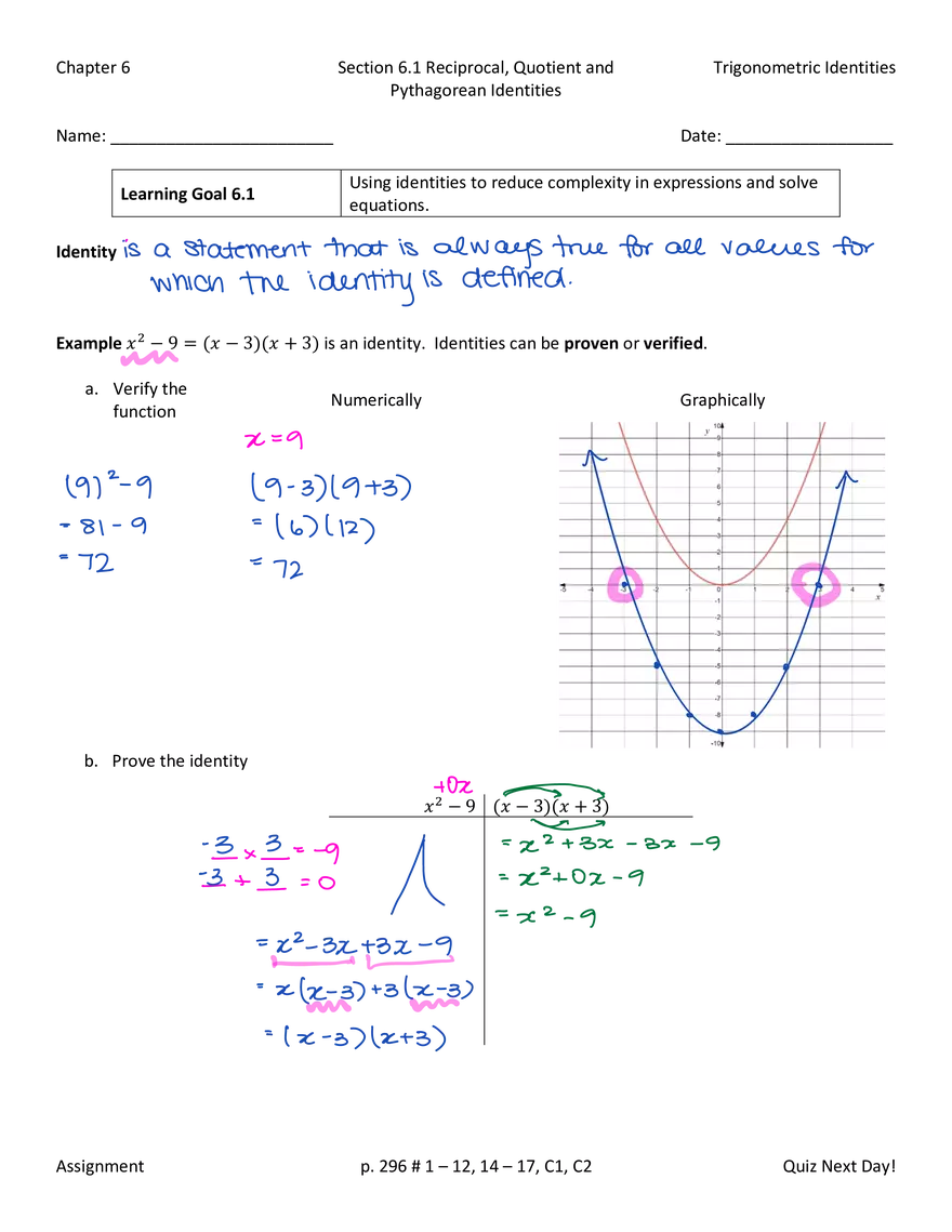 Section 6.1 Reciprocal, Quotient and Pythagorean Identities - Page 1