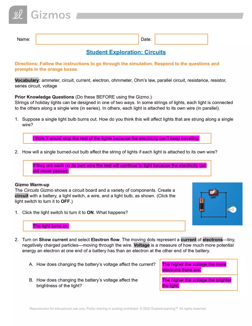 Gizmos Answer Key: Circuits - Page 1
