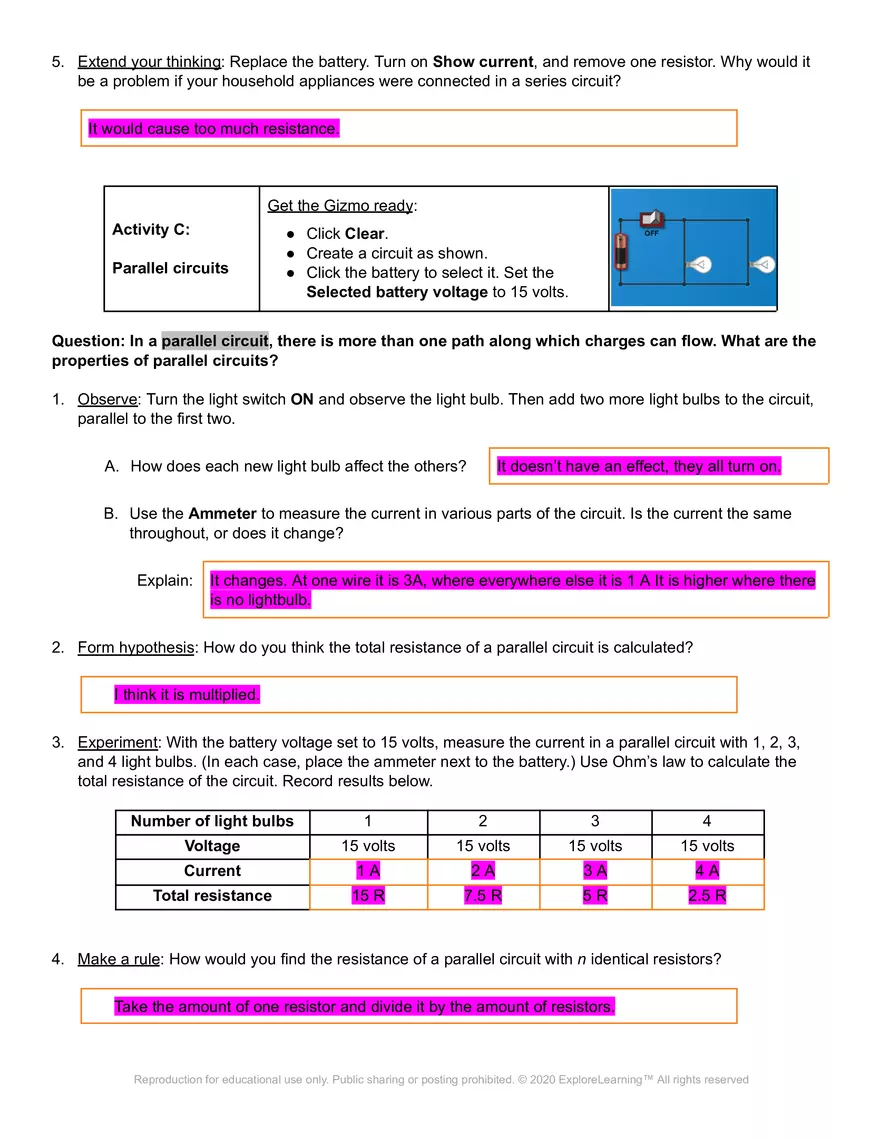 Gizmos Answer Key: Circuits - Page 4
