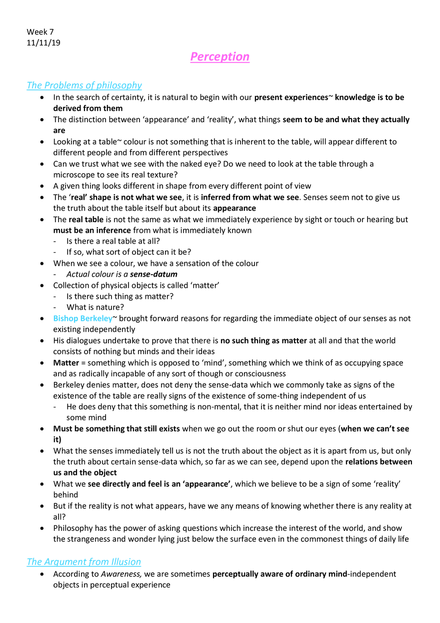 Week 7 - Perception The Problems of Philosophy - Page 1