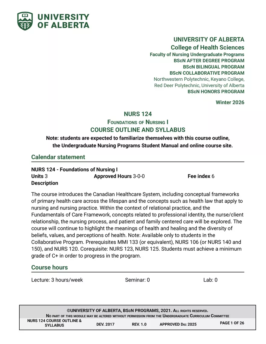 NURS 124 Wi26 Course Outline and Syllabus Approved - Page 1