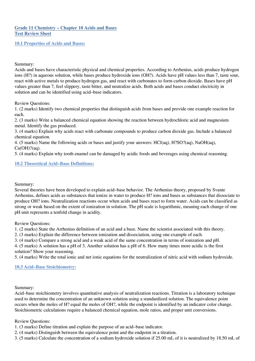 Grade 11 Chemistry - Chapter 10 Acids and Bases - Page 1