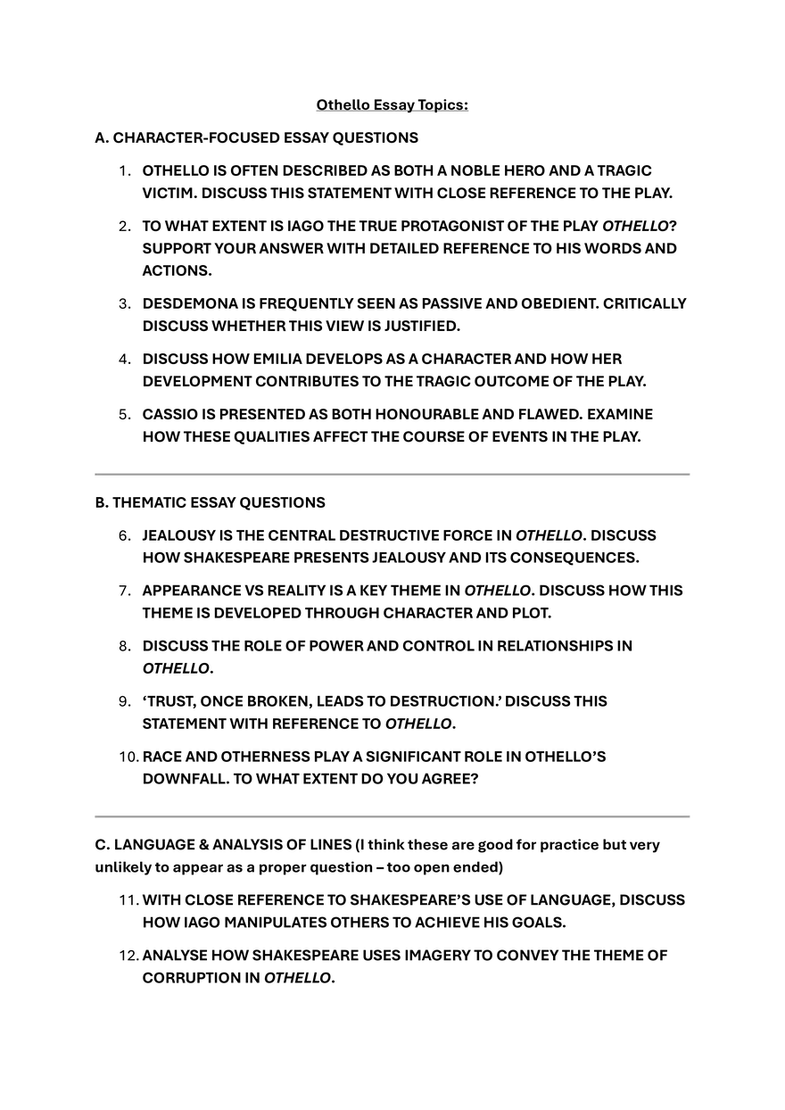 Othello Essay Topics and Transactionals - Page 1