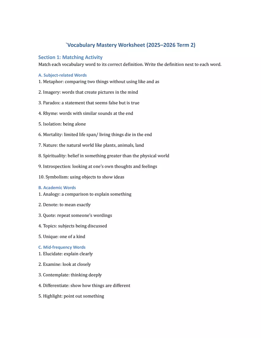 Vocabulary Mastery Worksheet (2025–2026 Term 2) - Page 1