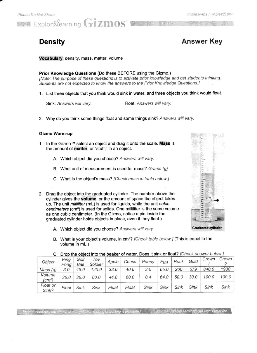 Gizmos Answer Key - Density - Page 1