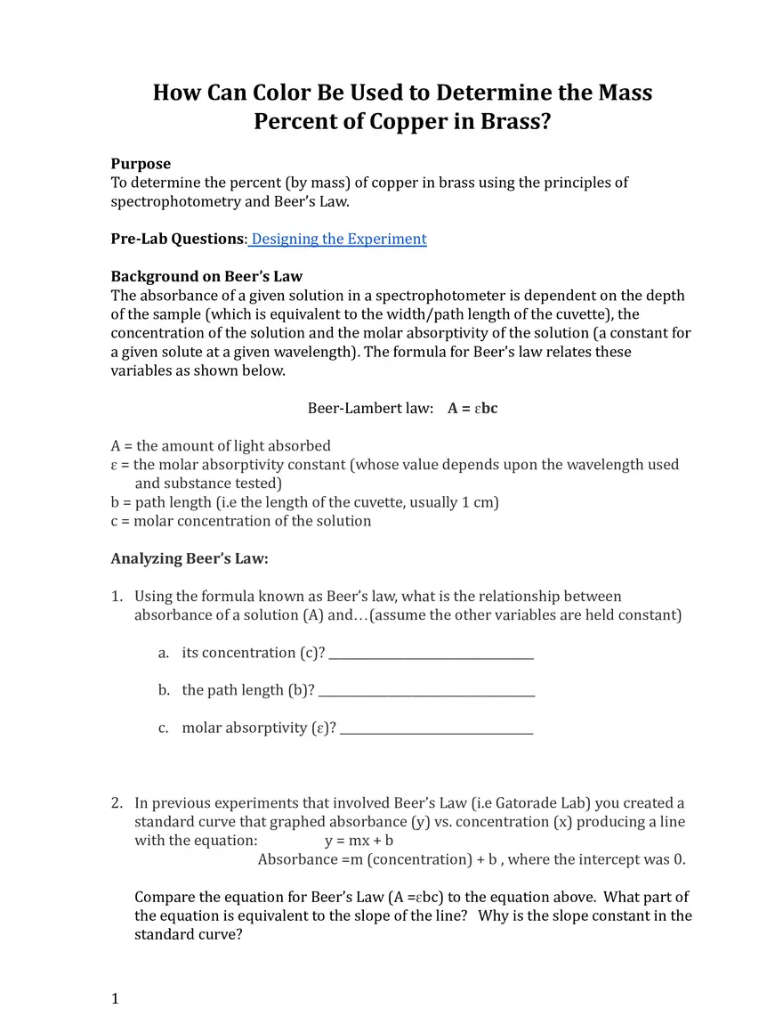 Percent Copper in Brass Background guiding Question - Page 1