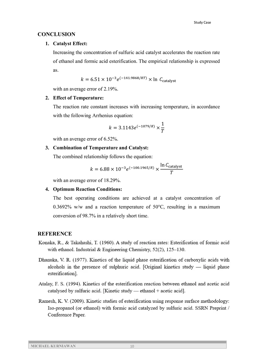 Kinetic Analysis and Optimum Conditions for Ethanol Formic Acid Esterification Reaction - Page 11