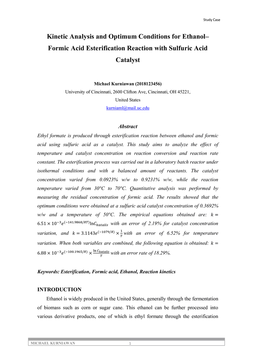 Kinetic Analysis and Optimum Conditions for Ethanol Formic Acid Esterification Reaction - Page 1