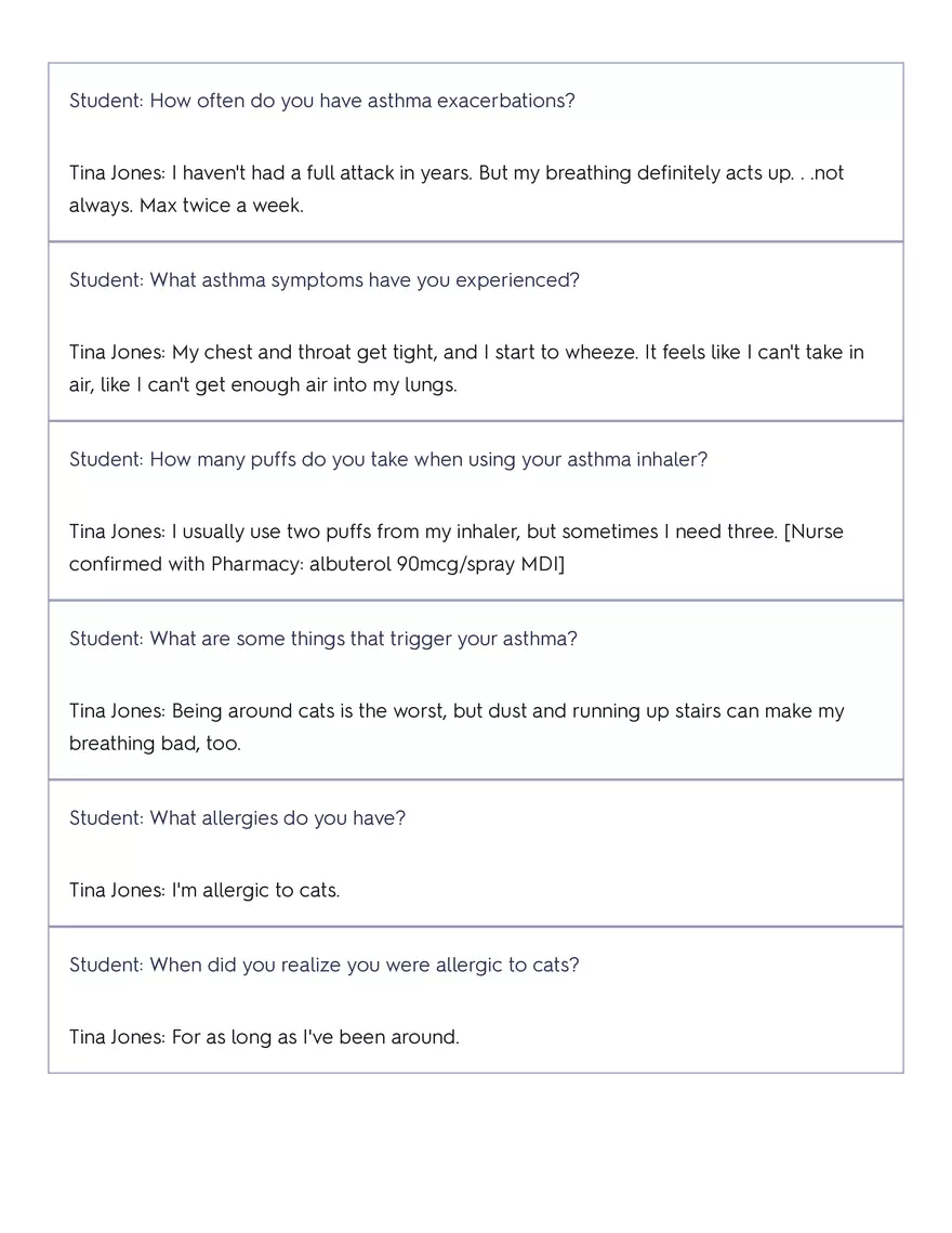 Shadow Health - Tina Jones, Health History - Page 79