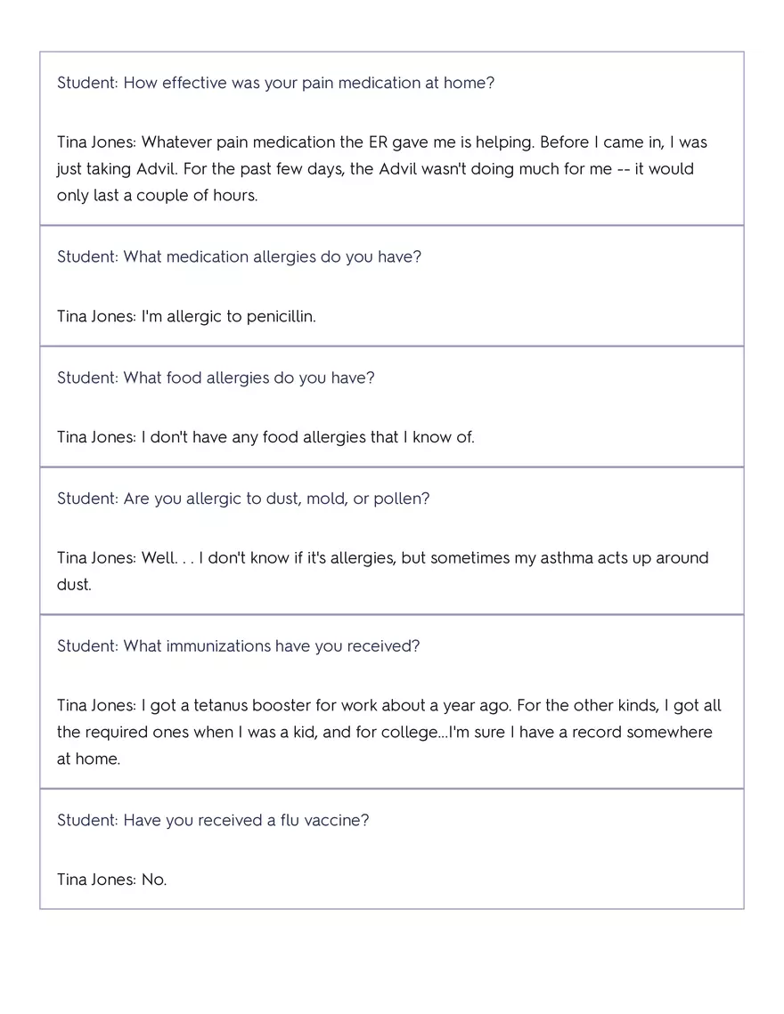 Shadow Health - Tina Jones, Health History - Page 90