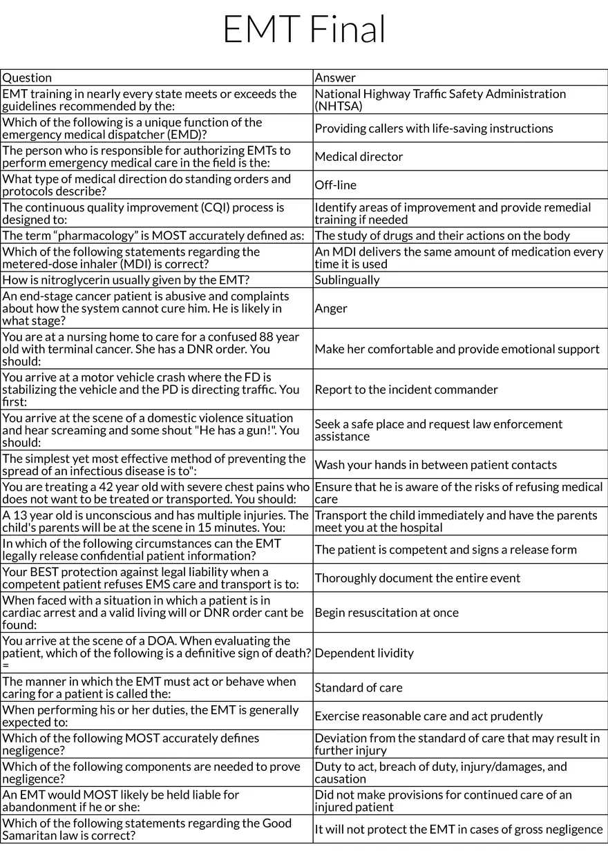 EMT Final Exam: Key Concepts and Procedures - Page 1