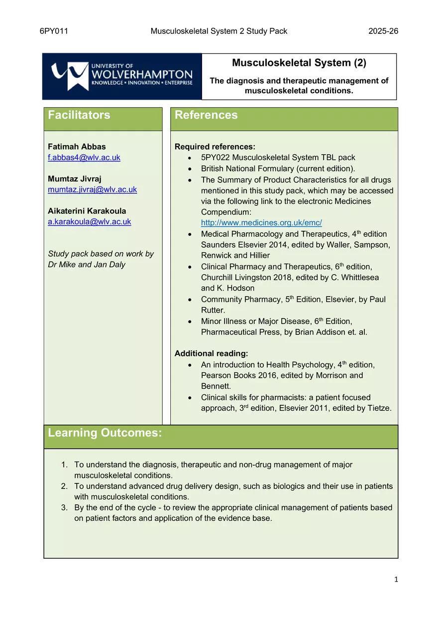 Musculoskeletal System 2 Study Pack - Page 1
