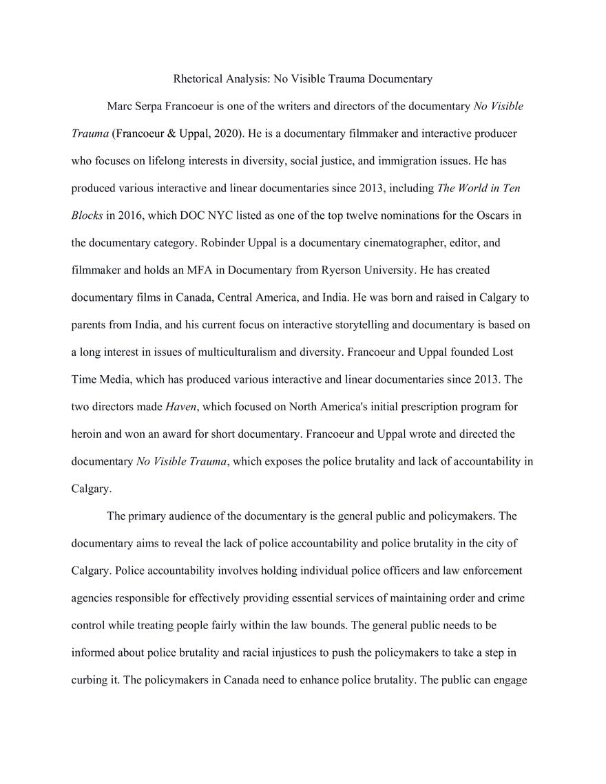 Rhetorical Analysis: No Visible Trauma Documentary - Page 2