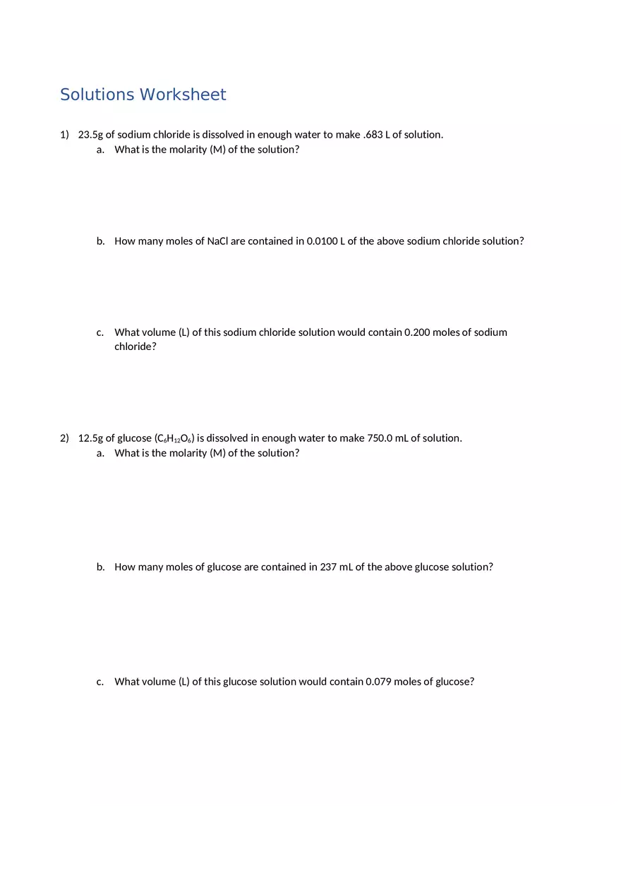 Molarity - Chemistry Solutions Worksheet - Page 1