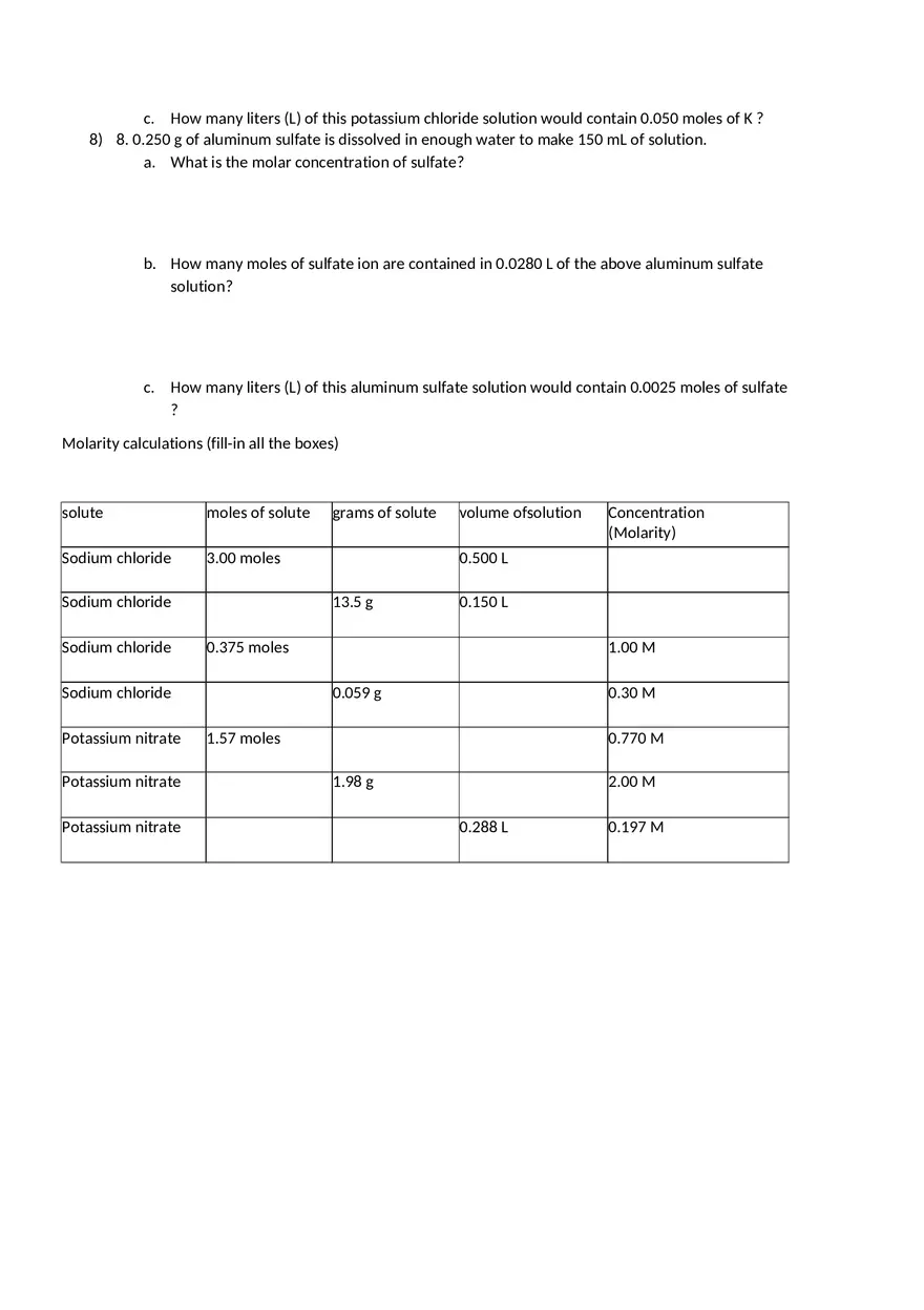 Molarity - Chemistry Solutions Worksheet - Page 4