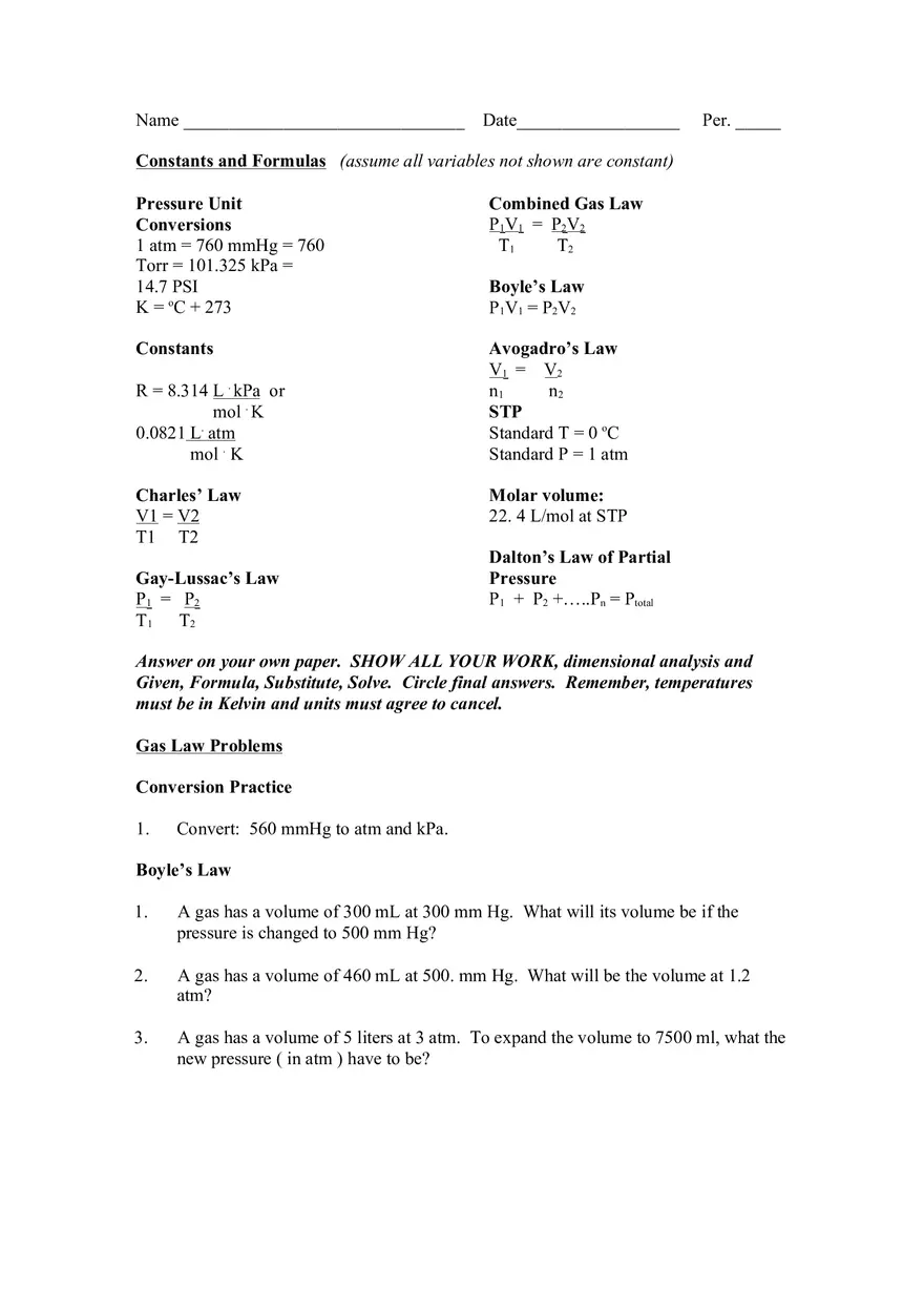 Gas Law Worksheet - Page 1