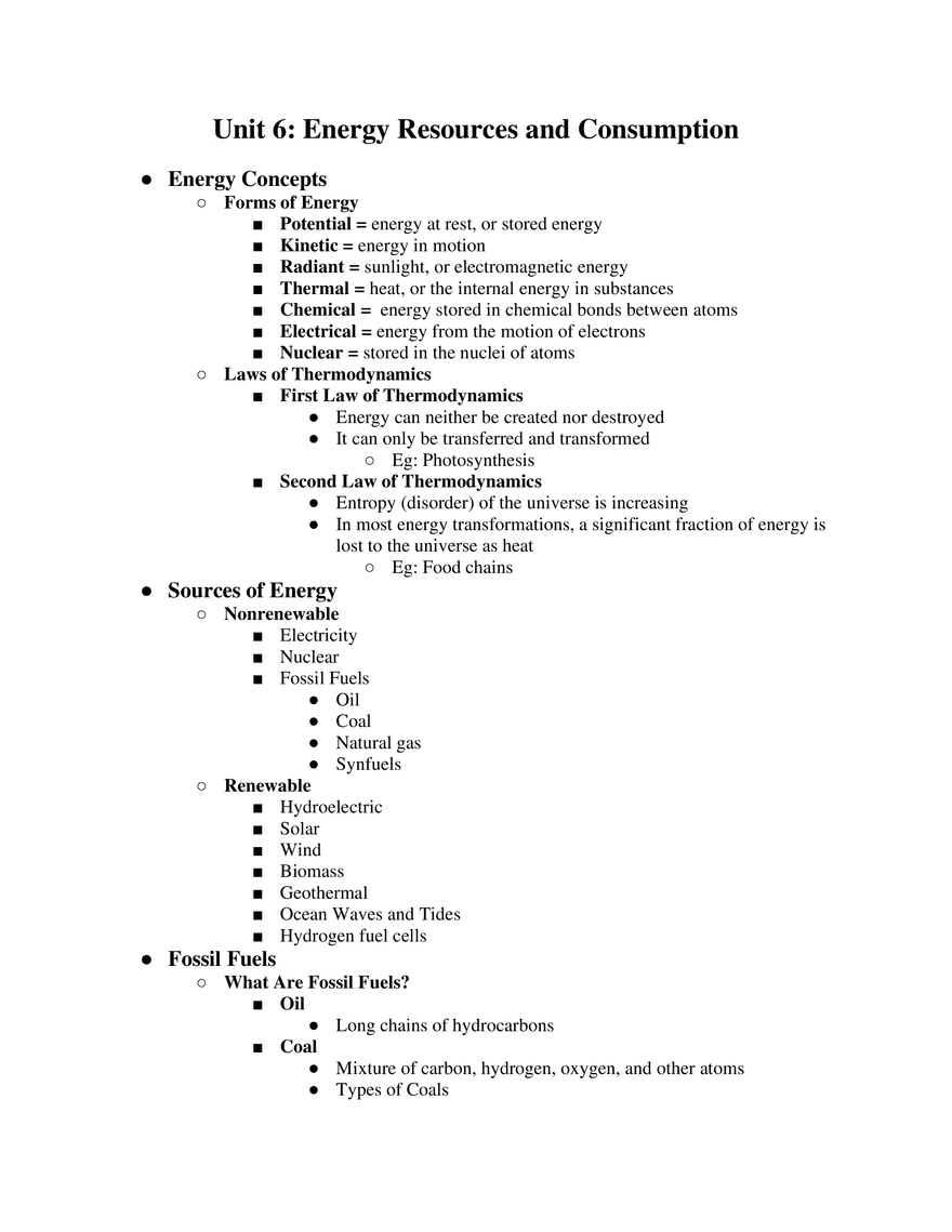 AP Environmental Science Unit 6 Energy Resources and Consumption - Page 1