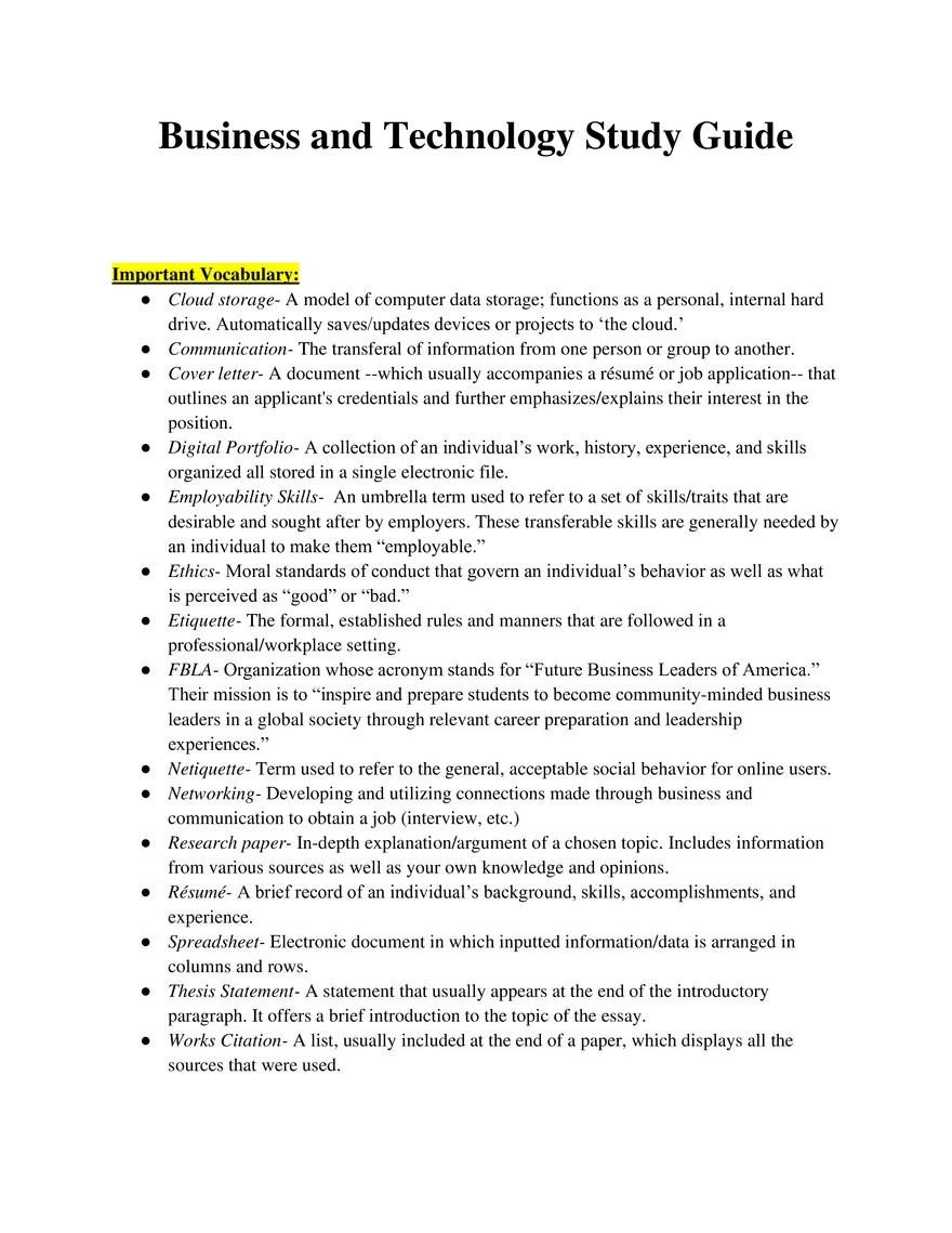 Business and Technology Study Guide - Page 1