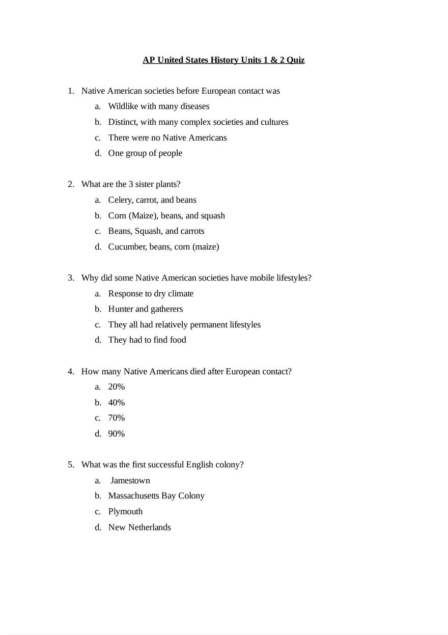 AP United States History Units 1 & 2 Quiz - Page 1