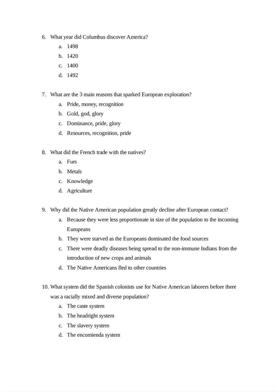 AP United States History Units 1 & 2 Quiz - Page 2