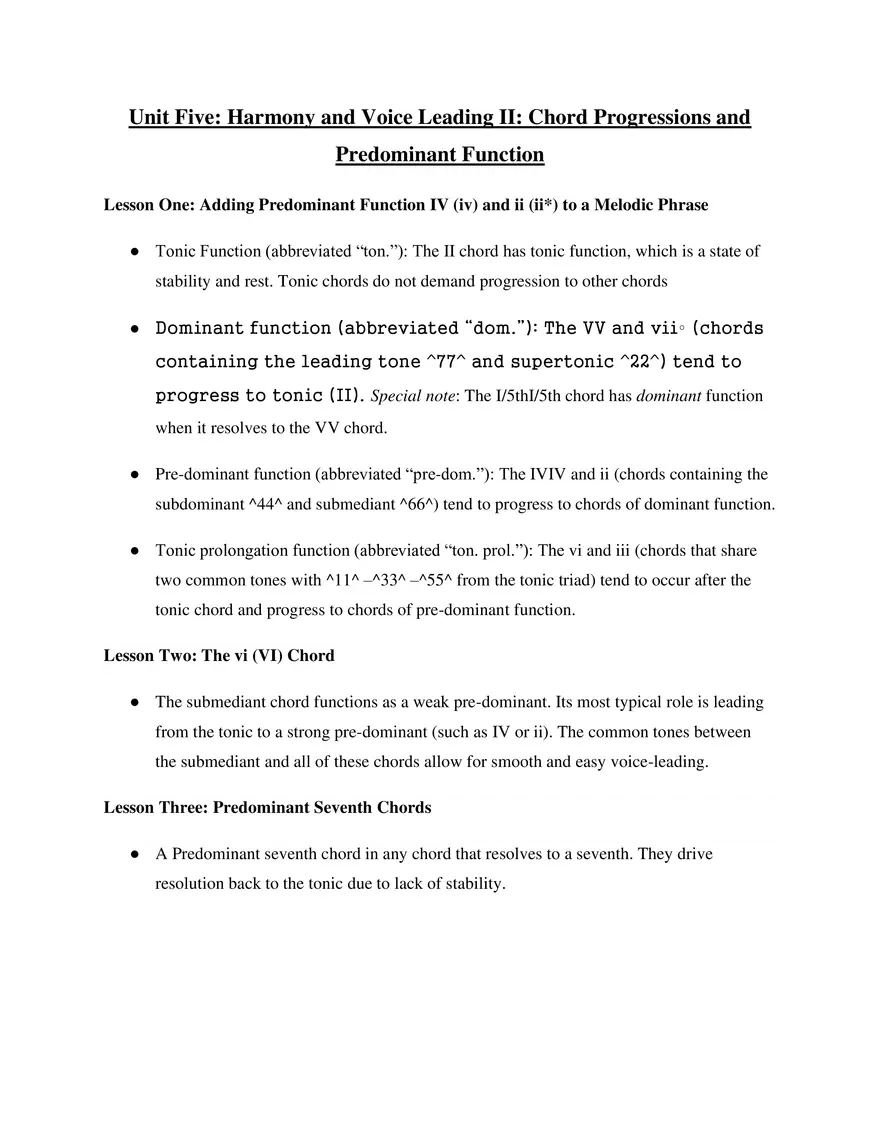 AP Music Theory Unit 5 Harmony and Voice Leading II - Page 1