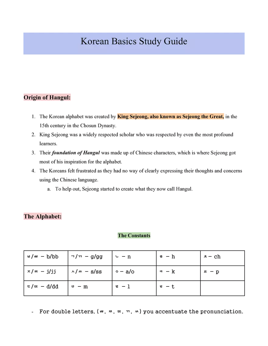 Korean Basics Study Guide - Page 1