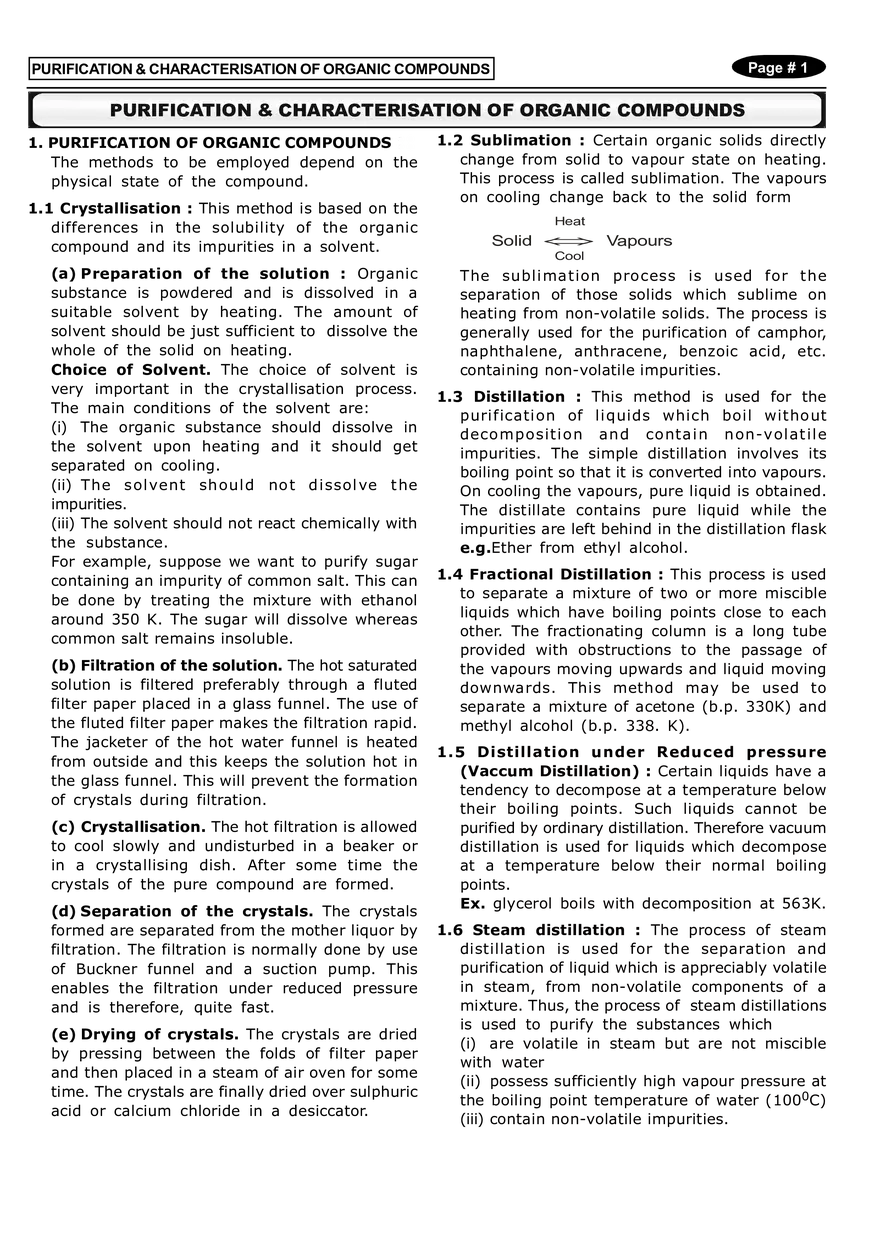 Purification & Characterisation of Organic Compounds Notes - Page 1