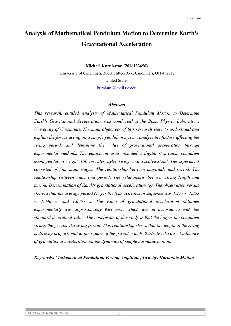 Analysis of Mathematical Pendulum Motion - Page 1