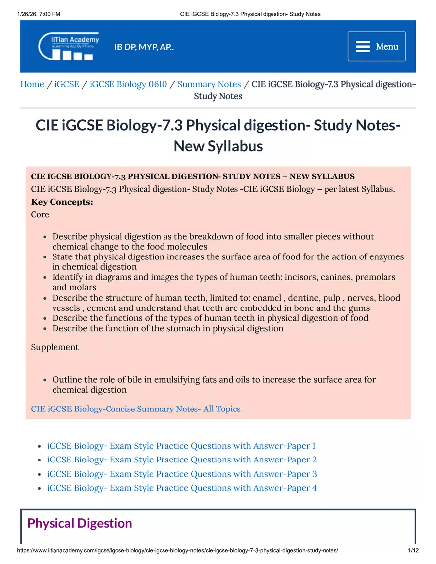 CIE IGCSE Biology-7.3 Physical Digestion Study Notes - Page 1