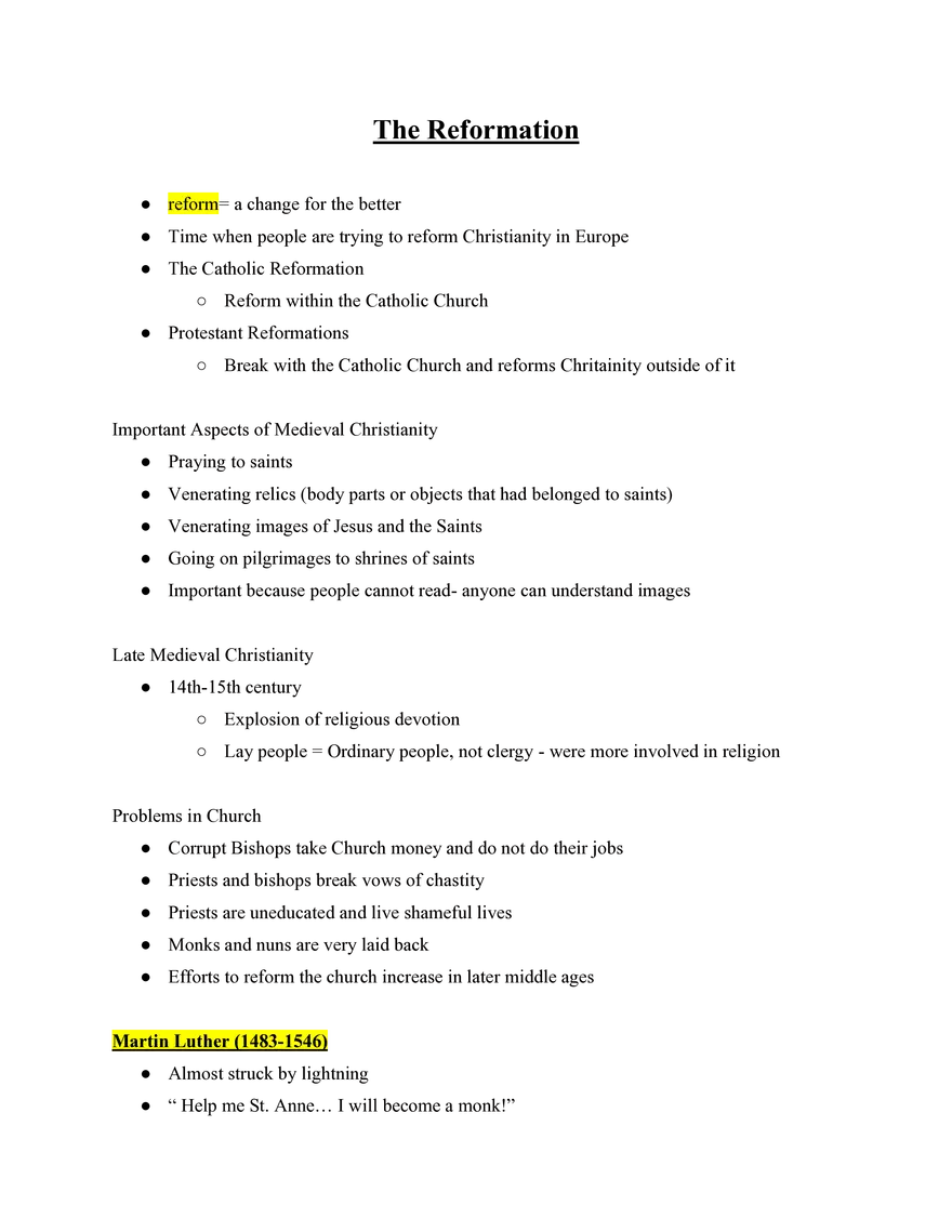 European History The Reformation - Page 1