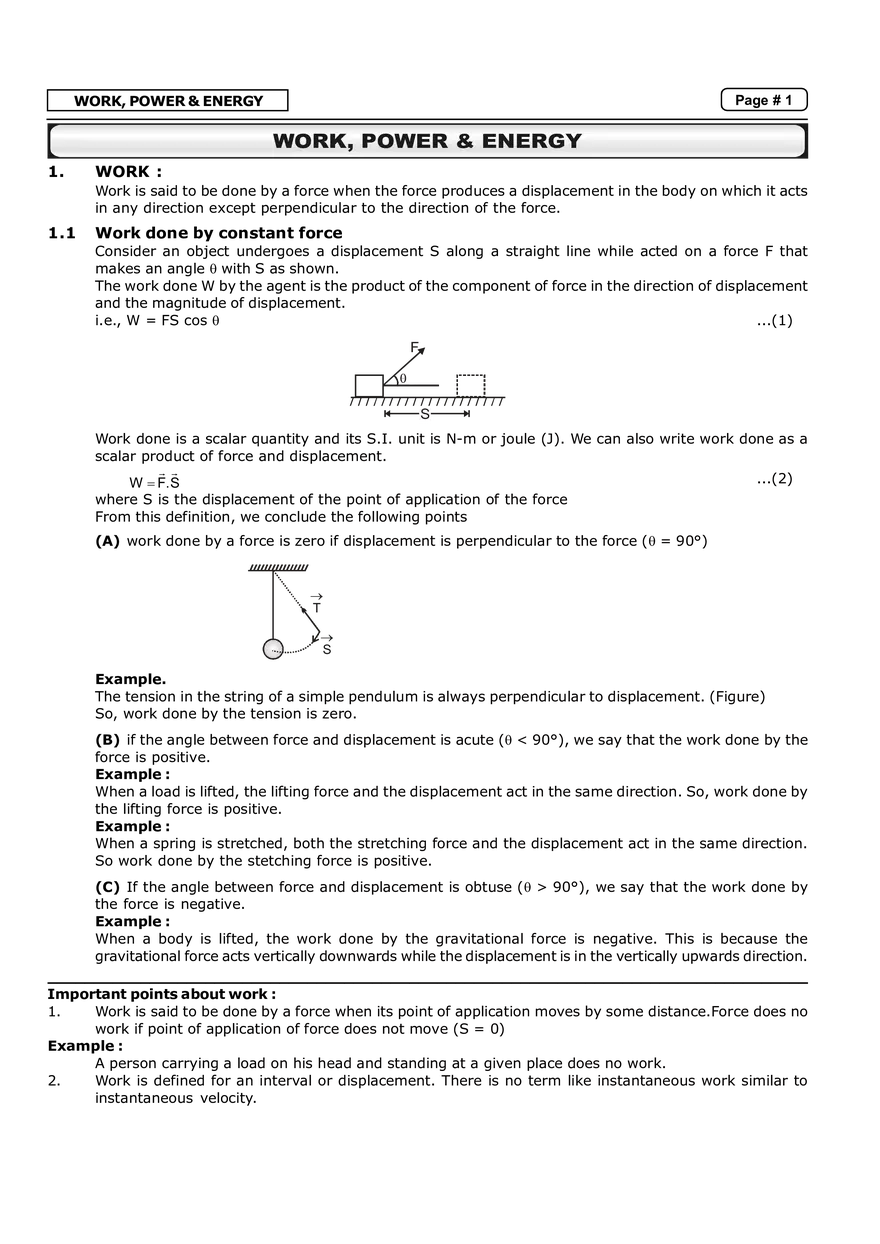 Work, Power & Energy Notes - Page 1