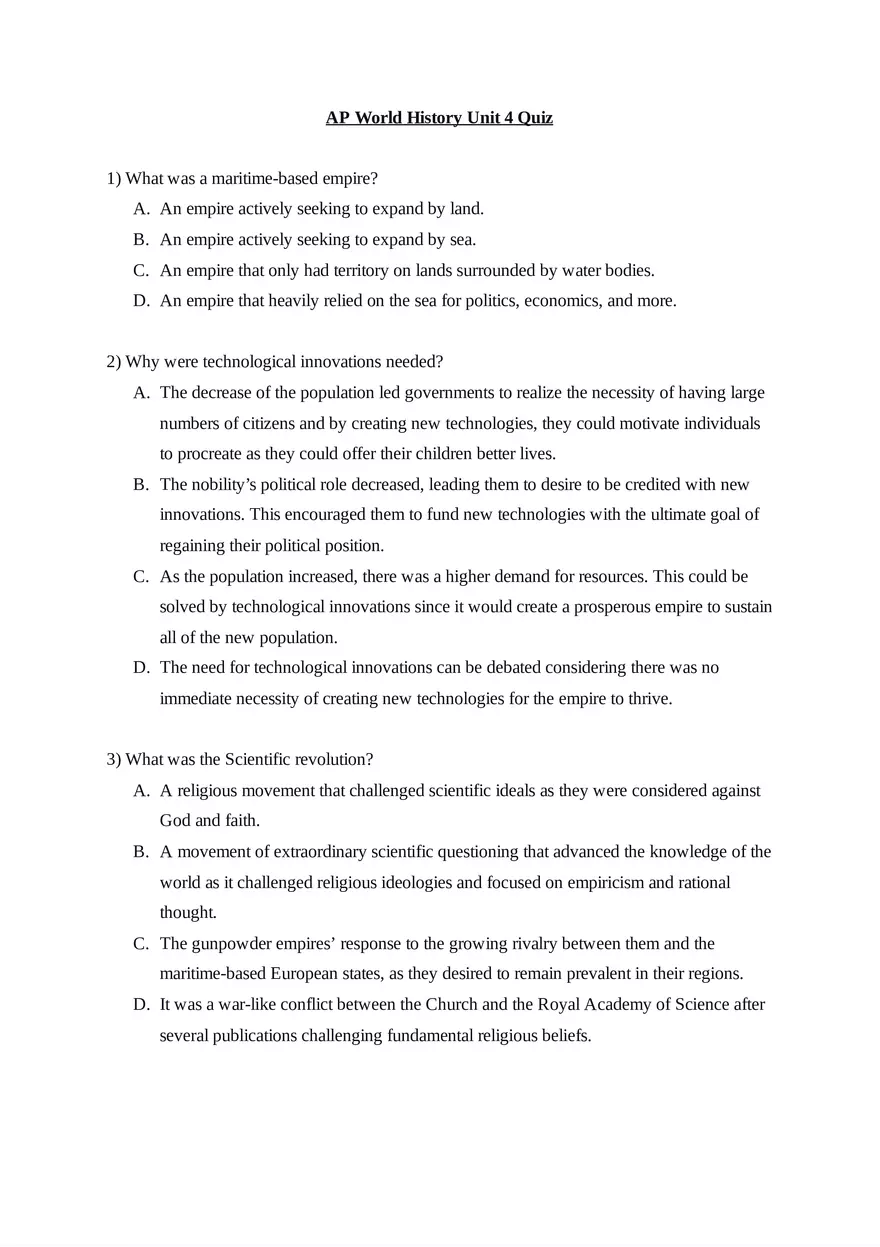 AP World History Unit 4 Quiz - Page 1
