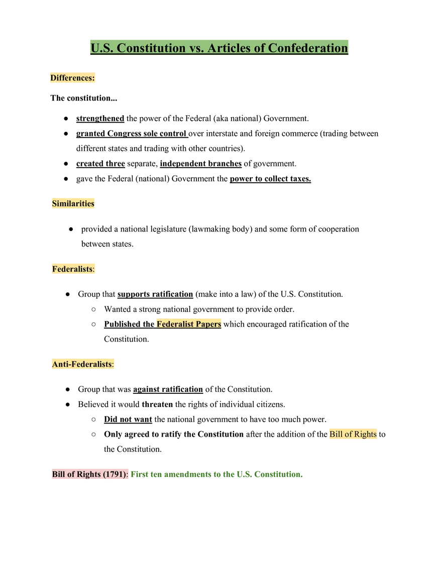 United States History U.S. Constitution vs. Articles of Confederation - Page 1
