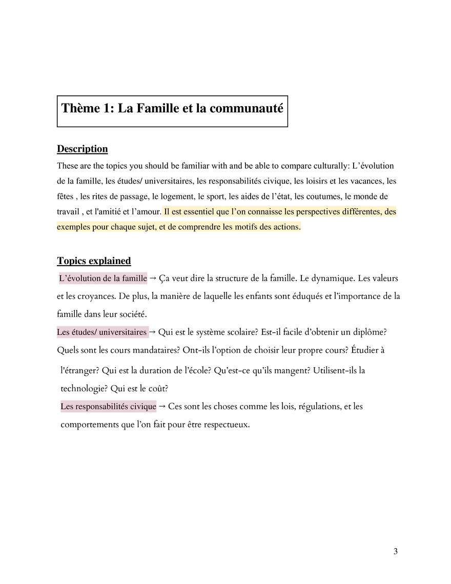 AP French Study Guide Thème 1 La Famille et la communauté - Page 1