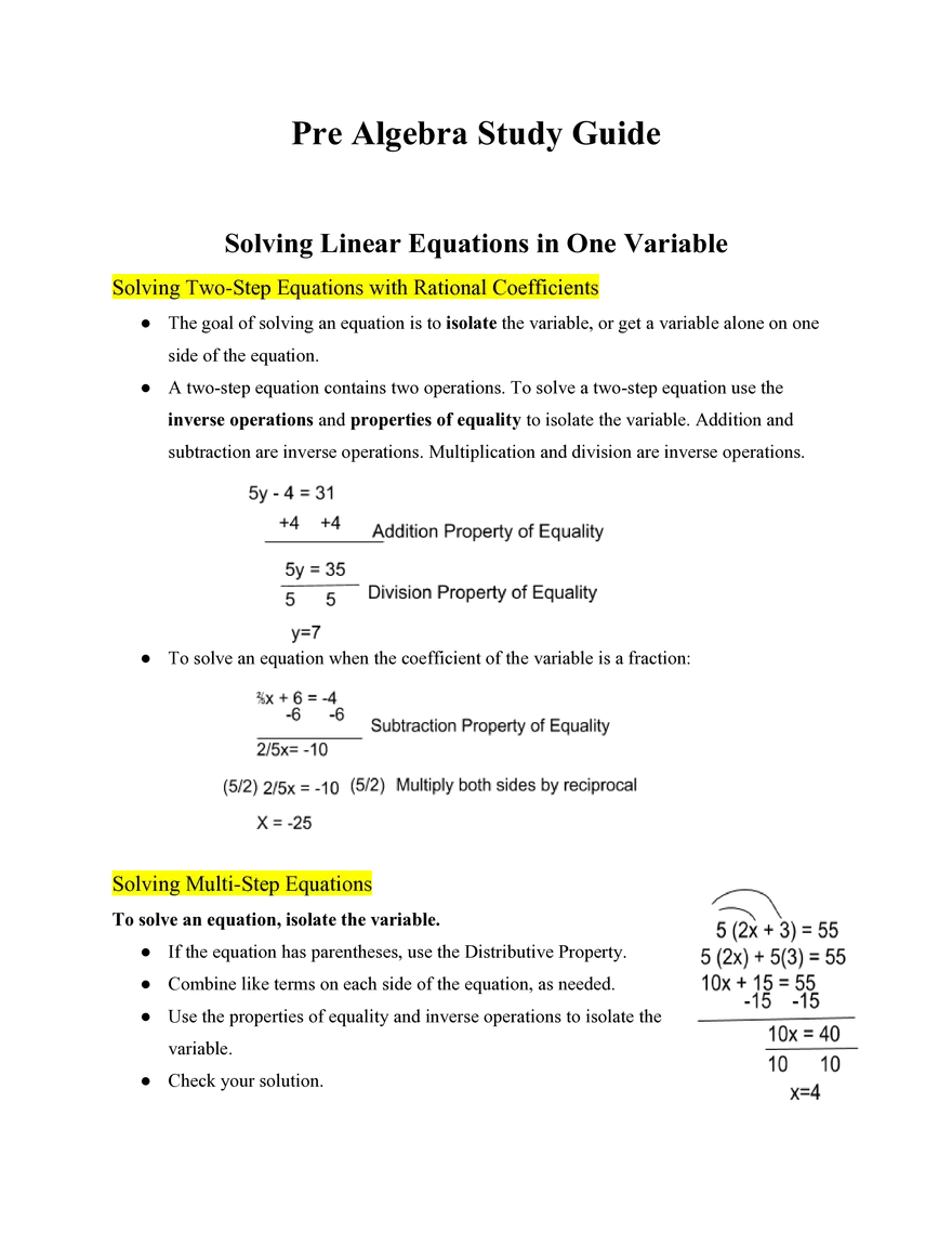 Pre Algebra Solving Linear Equations in One Variable - Page 1
