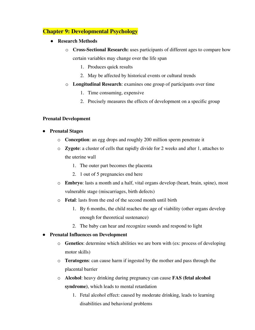 AP Psychology Chapter 9 Developmental Psychology - Page 1