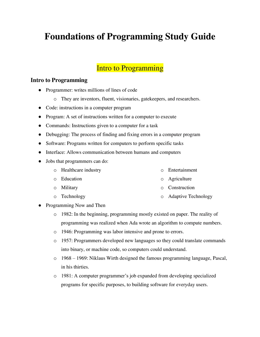 Foundations of Programming Study Guide - Page 1
