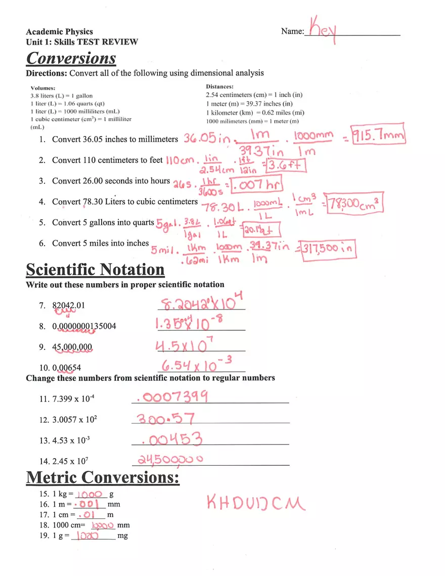 Physics Unit 1 Review Answer Key - Page 1