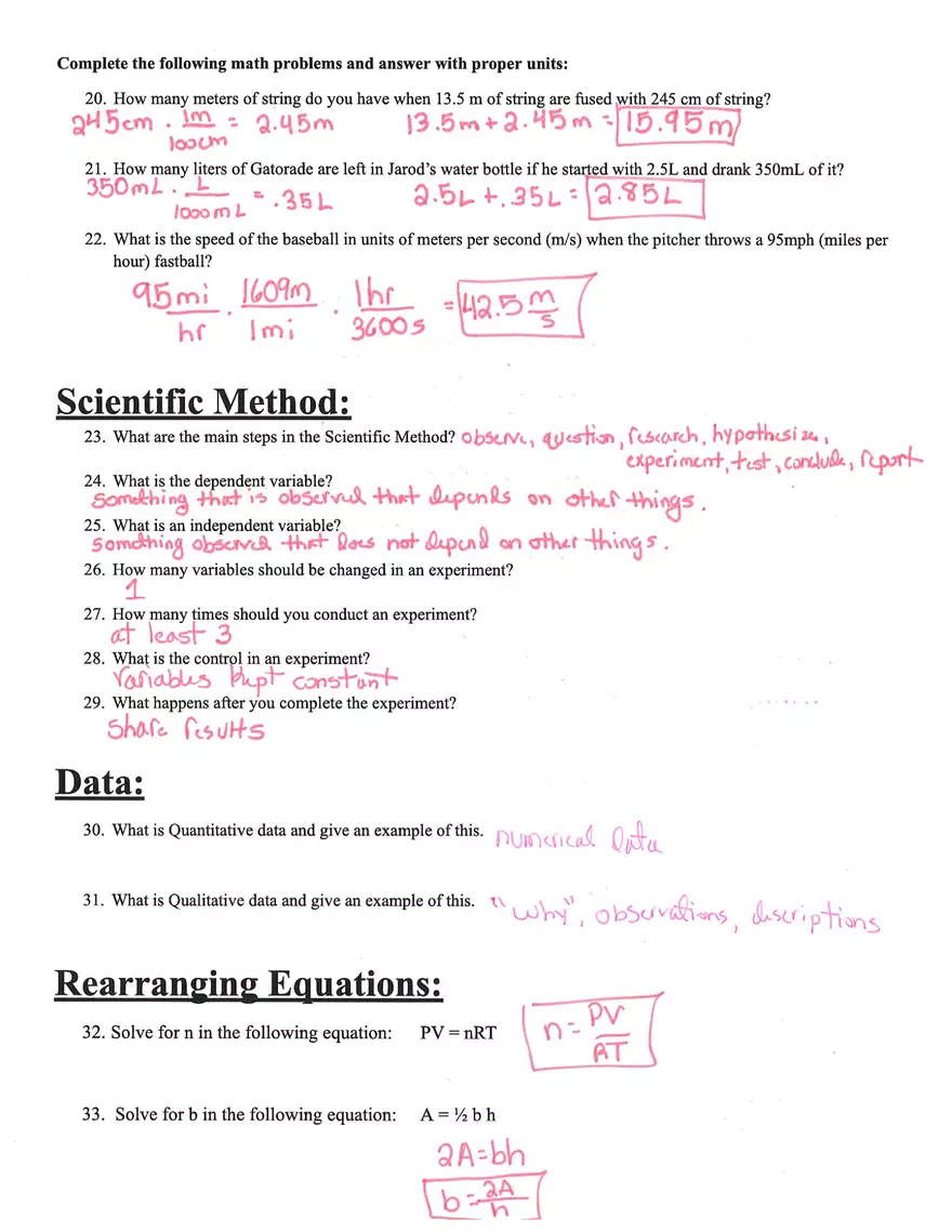 Physics Unit 1 Review Answer Key - Page 2