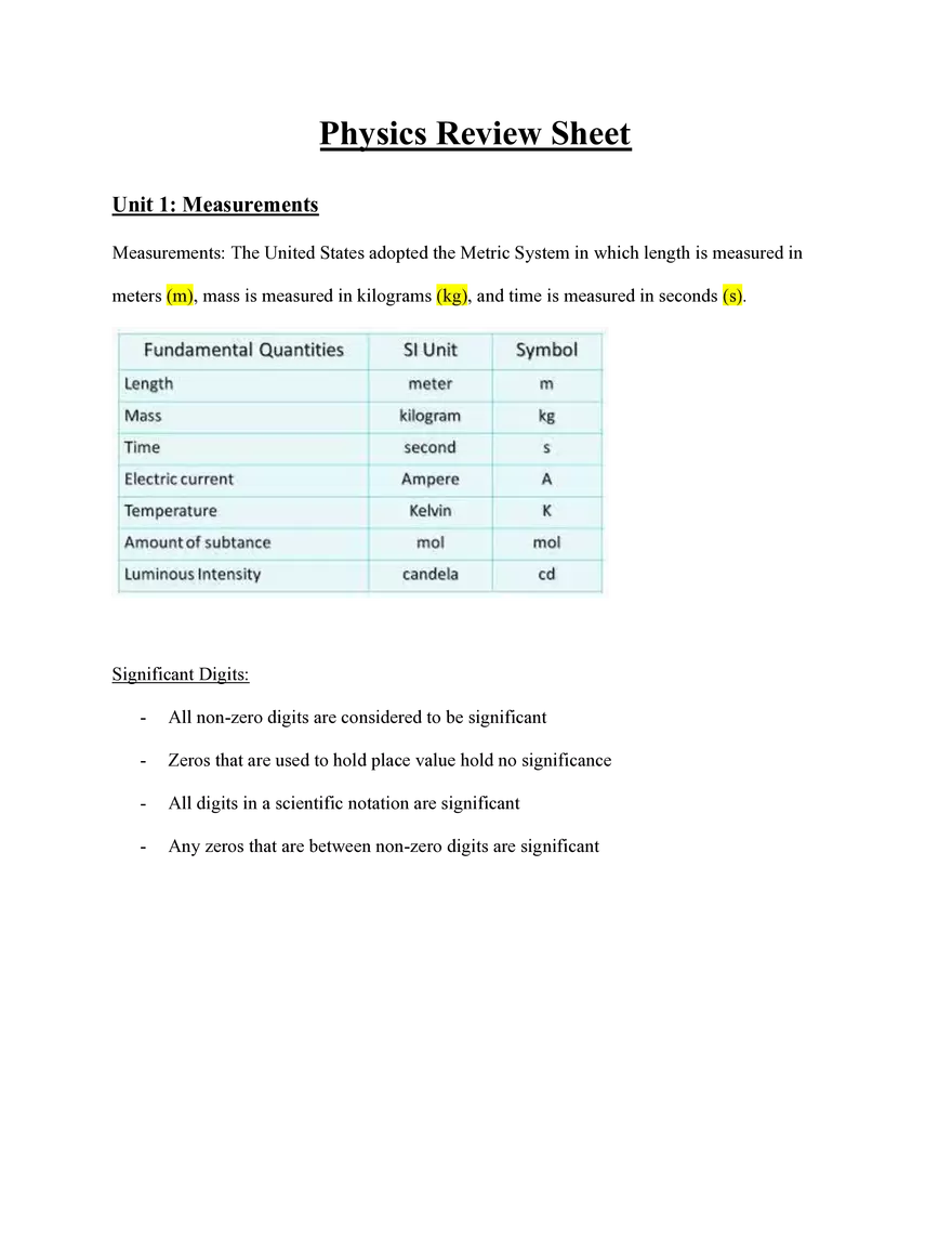 Physics Review Unit 1 Measurements - Page 1