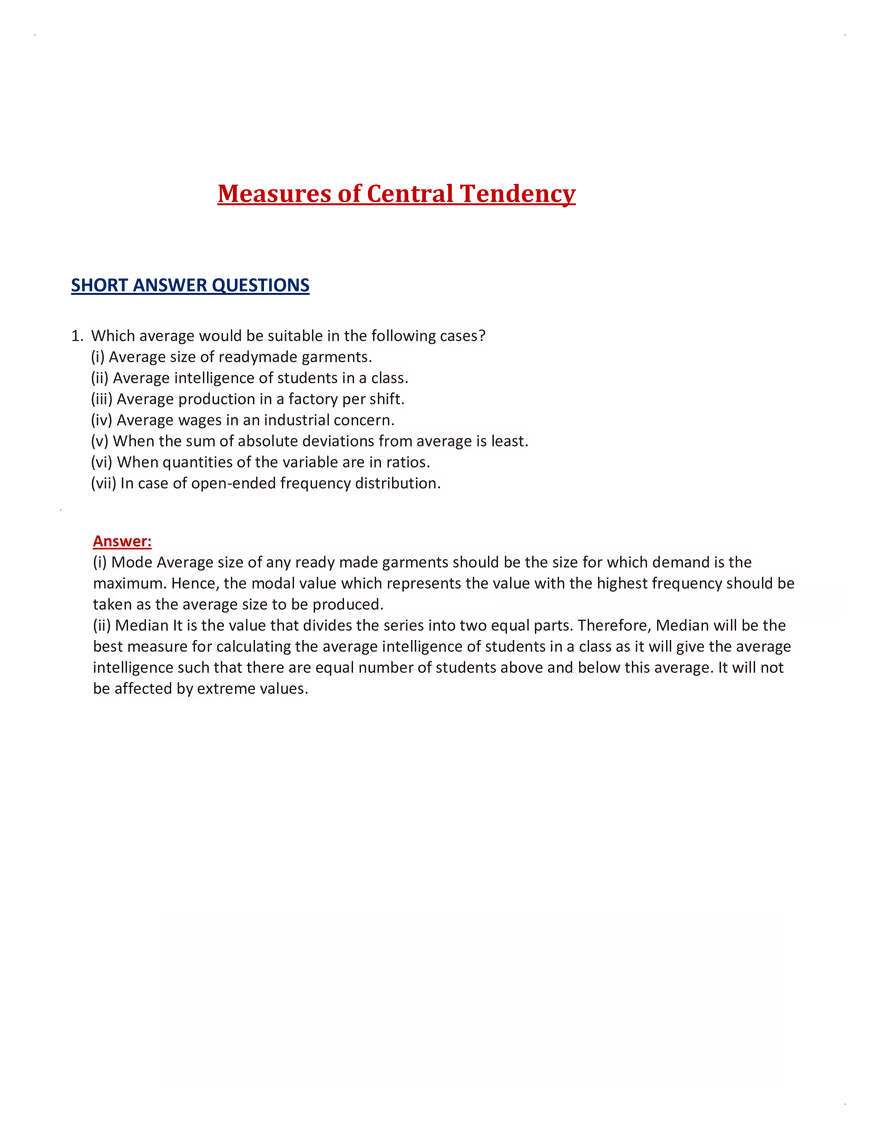 Measures of Central Tendency Short Answer - Page 1